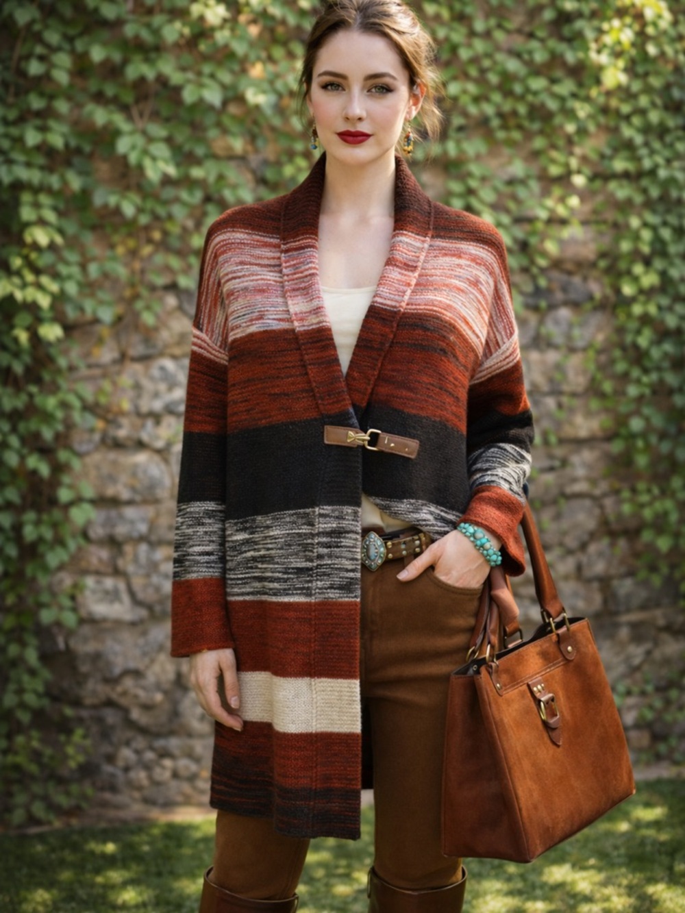 ONE A Coastal Cowgirl Western Black and Brown Striped Duster Cardigan Swacket, M